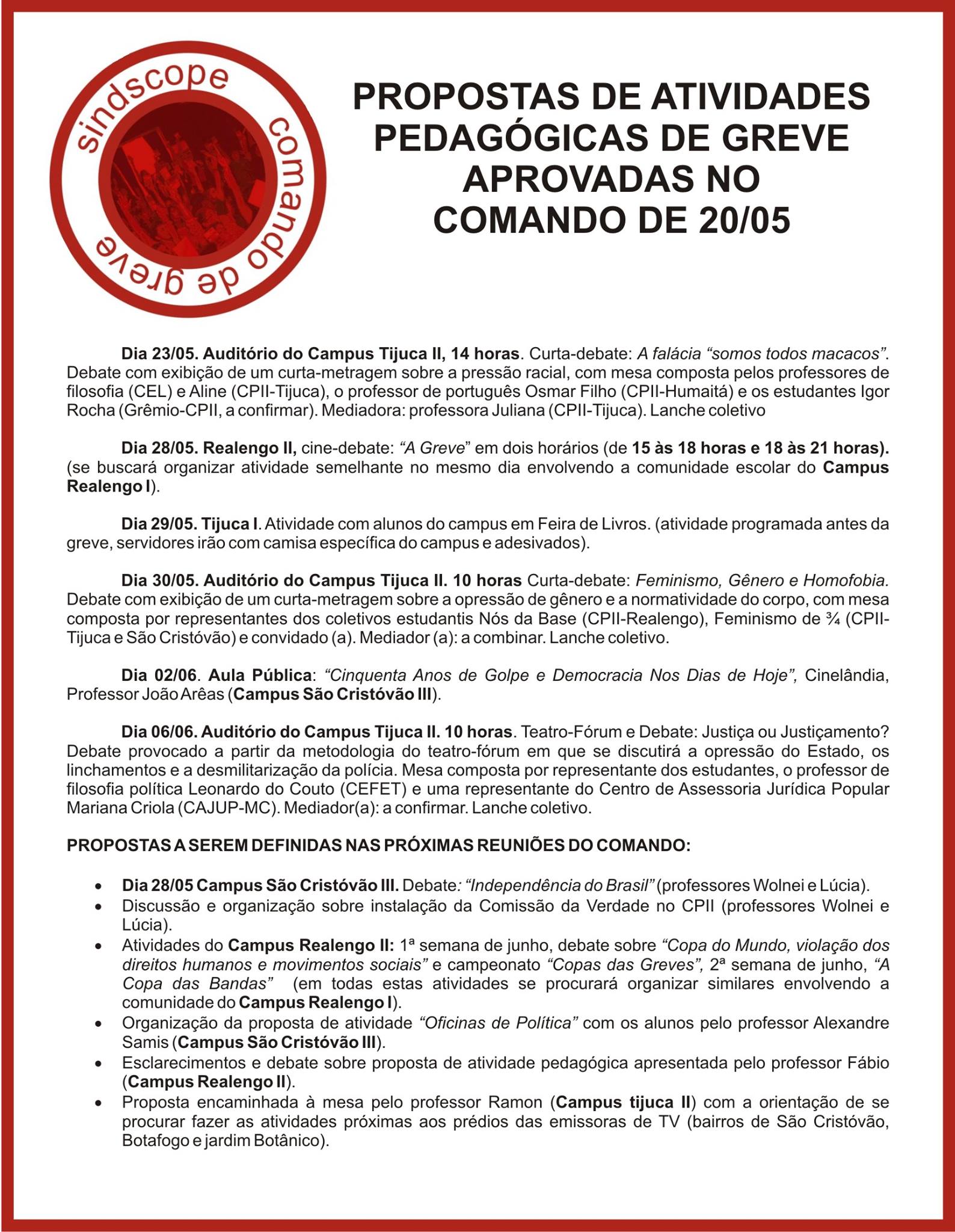 PROPOSTAS DE ATIVIDADES PEDAGÓGICAS DE GREVE APROVADAS NO COMANDO DE 20/05